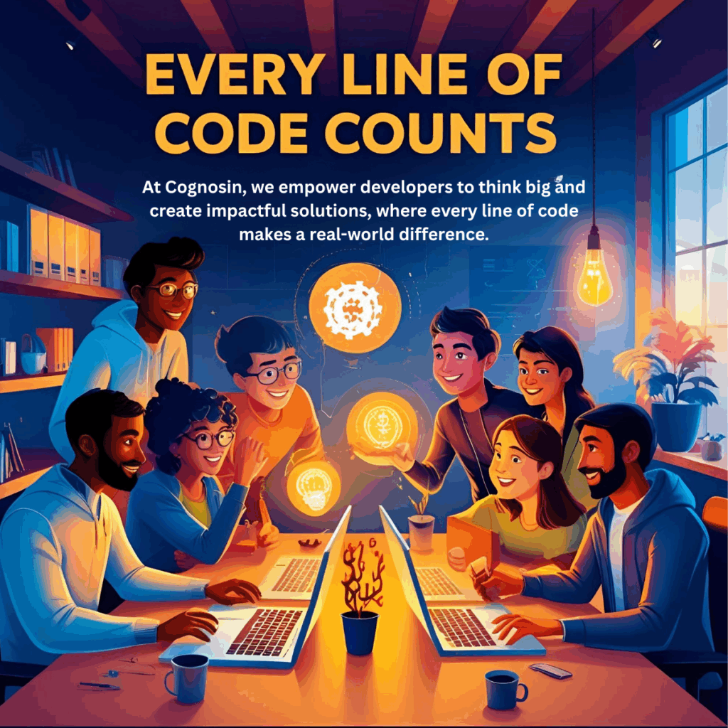 A team of developers collaborating to create impactful solutions, highlighting how every line of code counts in driving innovation and success at Cognosin.